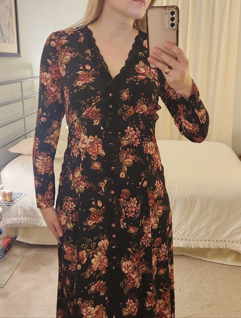 Ever New Black Floral V-Neck Long Sleeve Midi Dress with Warm Rose Print - Picture 2 of 5